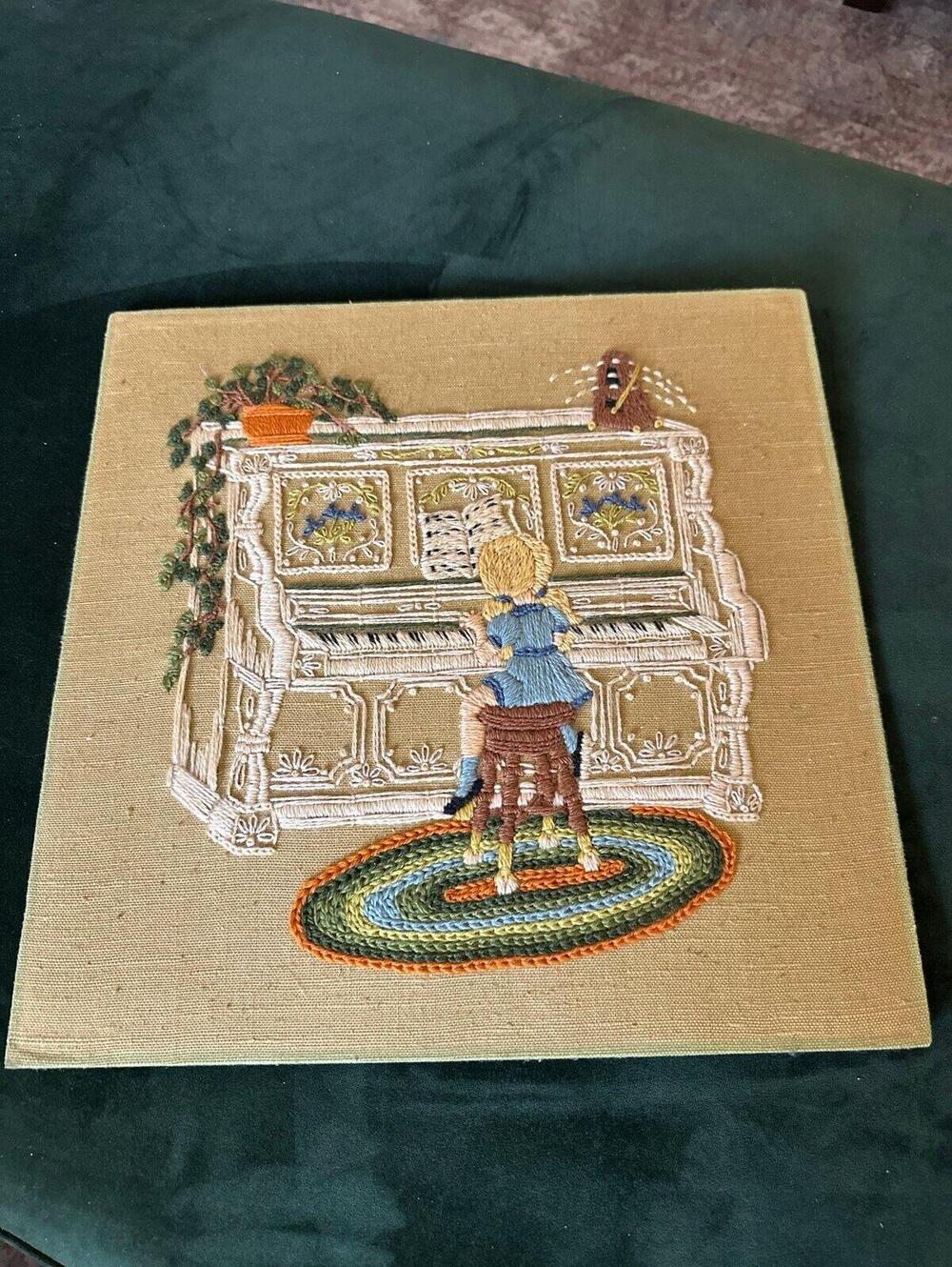 Vintage Crewel Embroidery Needlework Cottage Scenes (1970s)